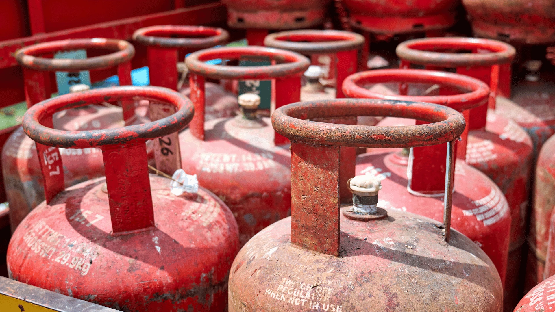 LPG cylinders stacked during LPG supply shortage in India